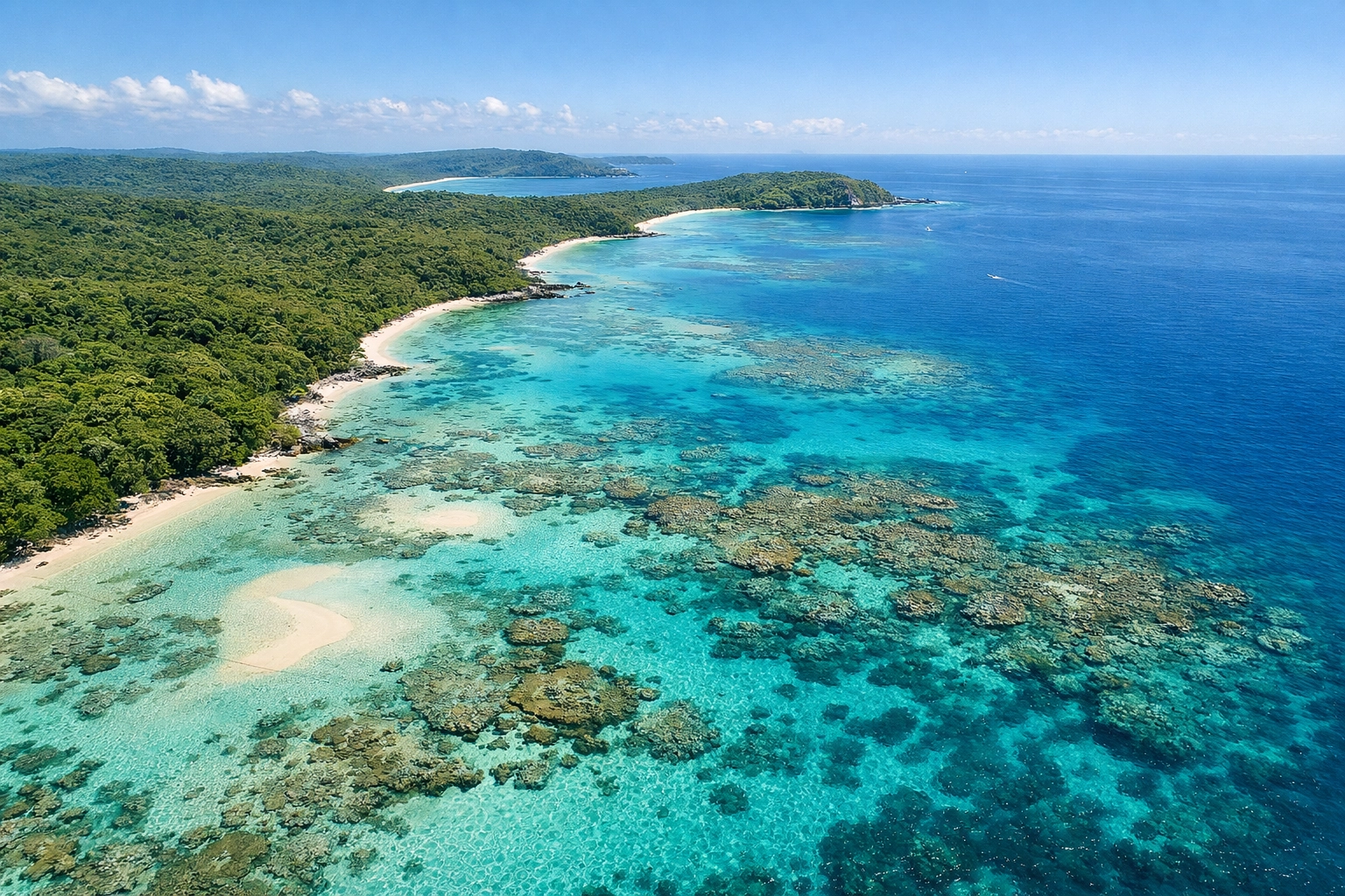 Aerial view of a pristine protected coastline and coral reef, showcasing global ocean conservation progress.