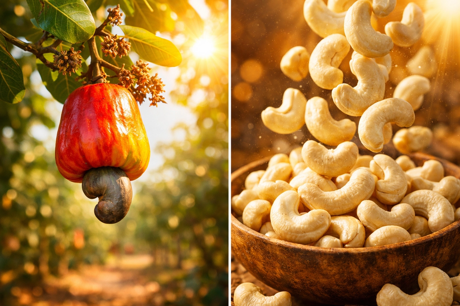 From farm to table: Fresh Nigerian cashew apple and premium ivory-colored kernels.