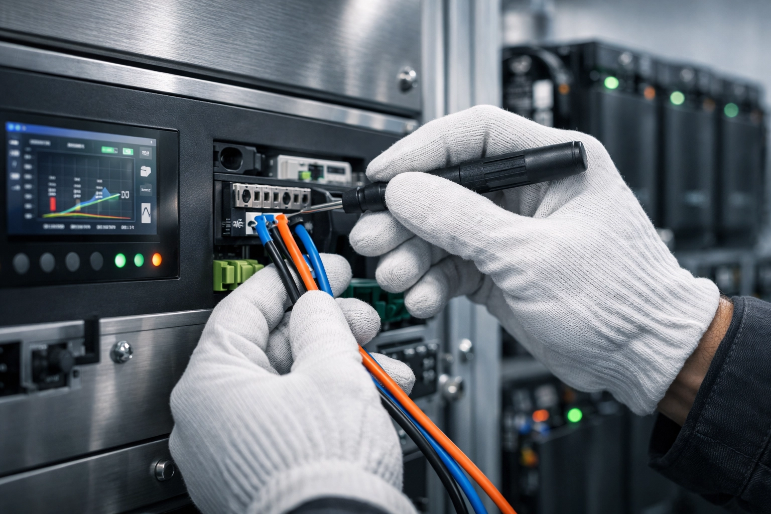 Close-up of professional engineer wiring a digital control panel for an off-grid battery storage system.