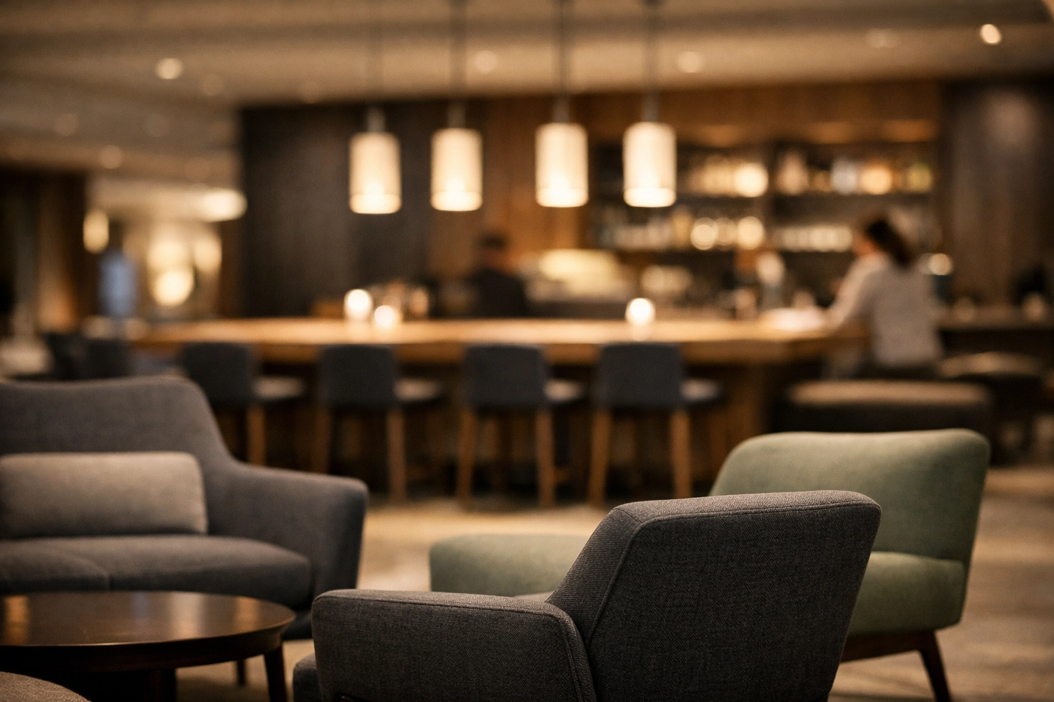 Multifunctional hotel lobby with modern seating and communal tables designed as a social hub for guests.