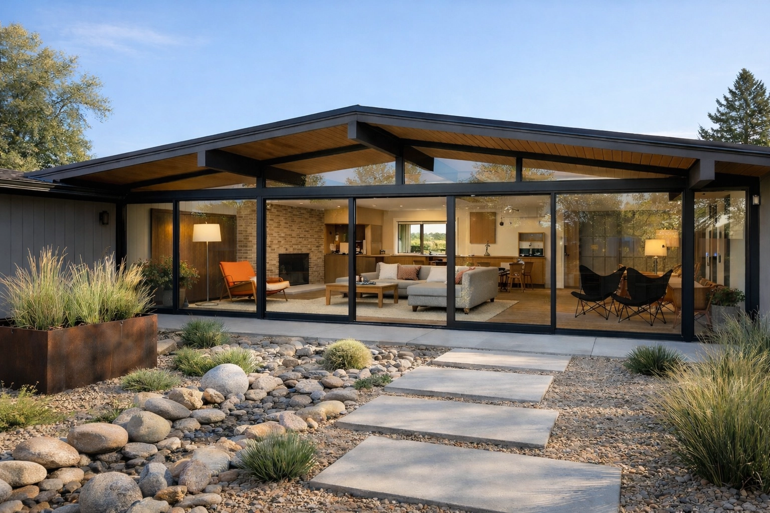 Cliff May mid-century modern home in Harvey Park Denver with glass walls and minimalist architecture.