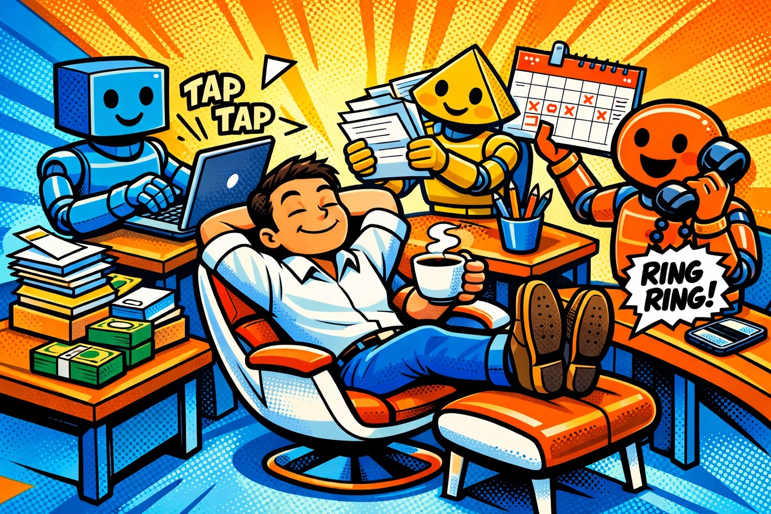 Small business owner relaxing while AI assistants handle admin tasks and operations