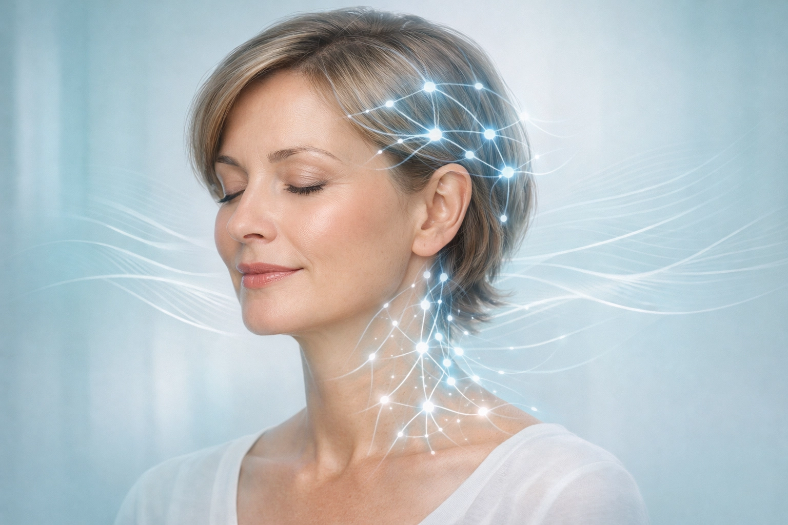 Woman in supported child's pose demonstrating restorative yoga for hormonal balance