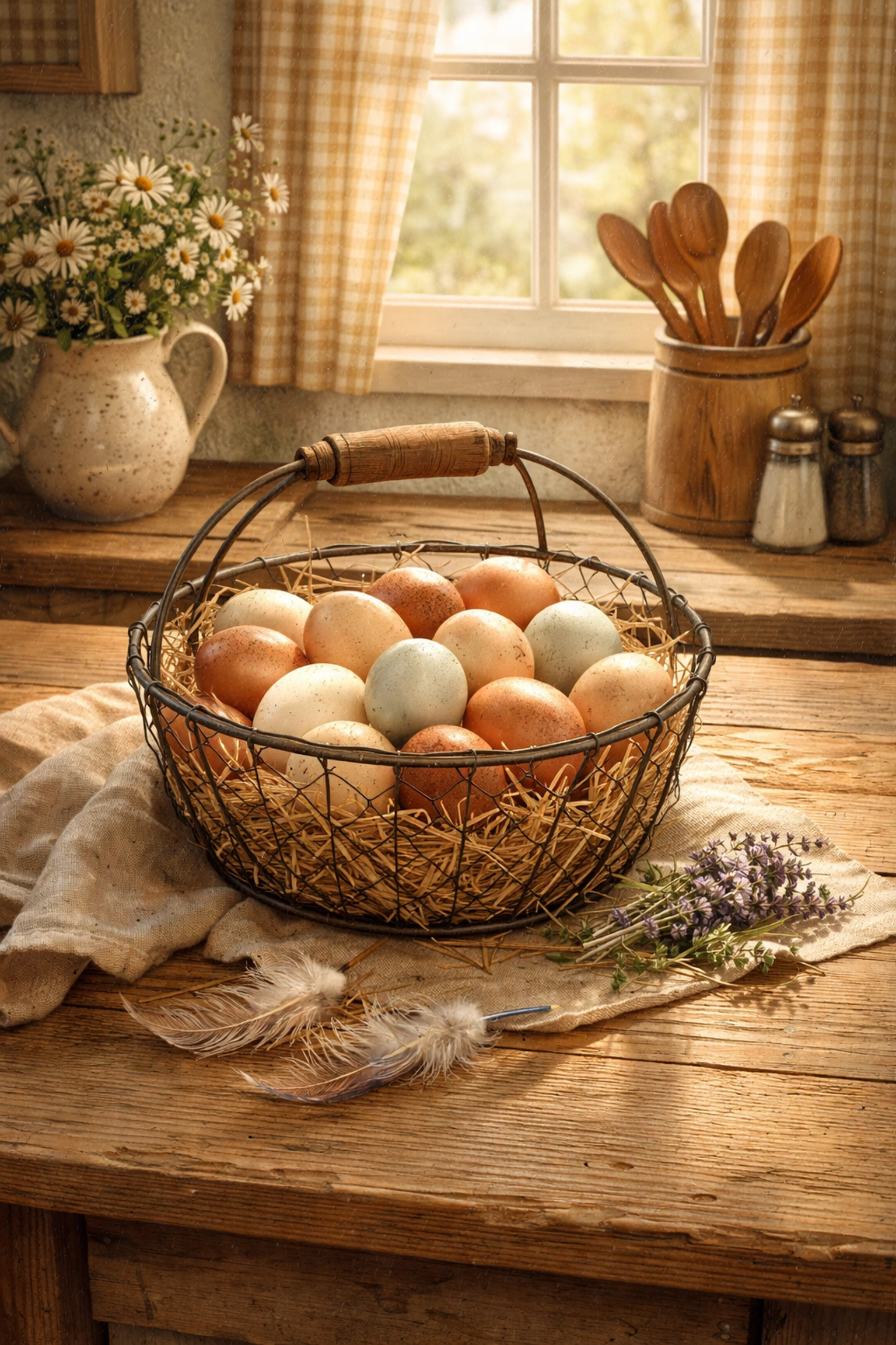 Farmhouse kitchen table with a wire basket of freshly gathered pasture-raised eggs in various natural colors