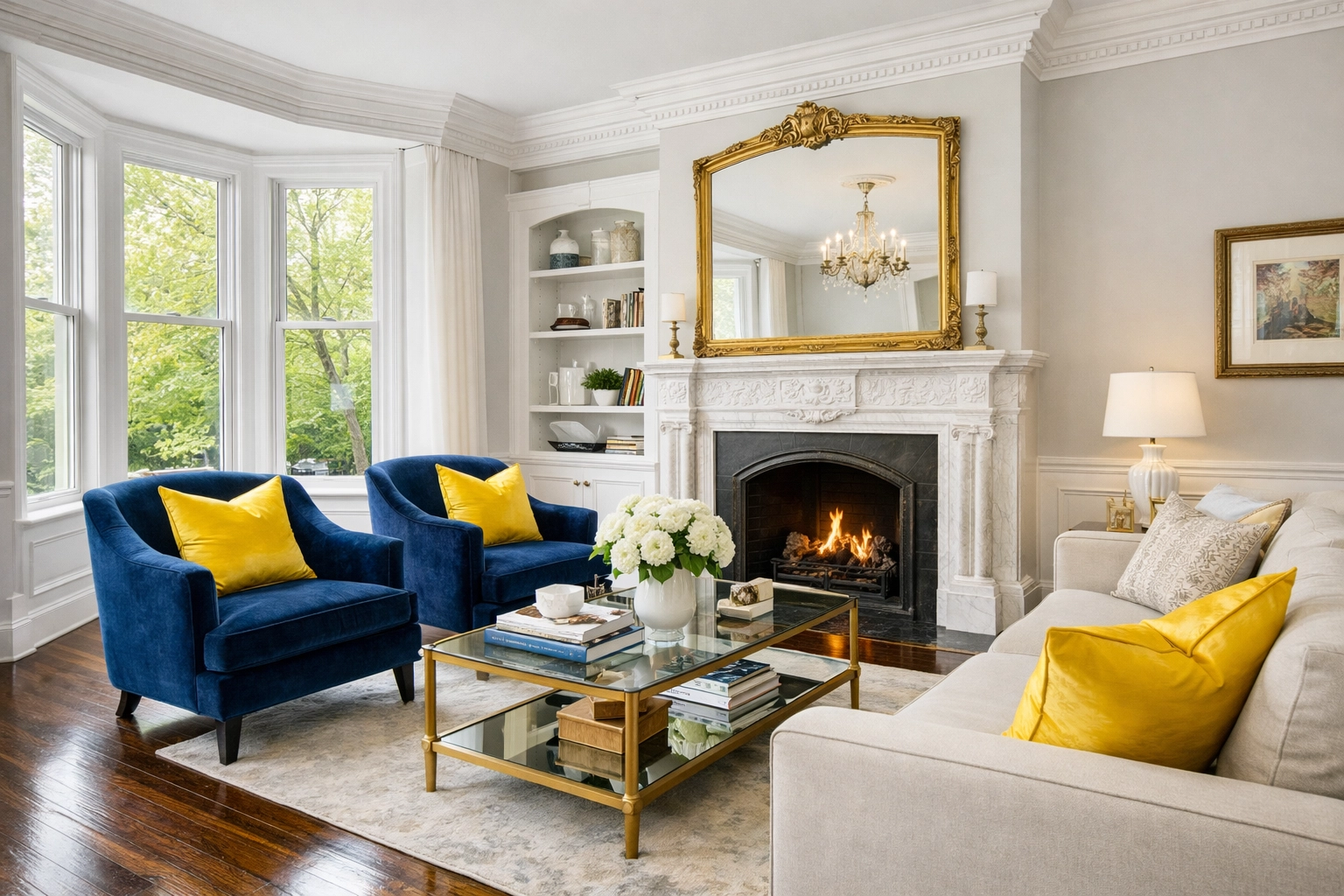 Deep cleaning Worcester historic living room with polished hardwood floors near Clark University.