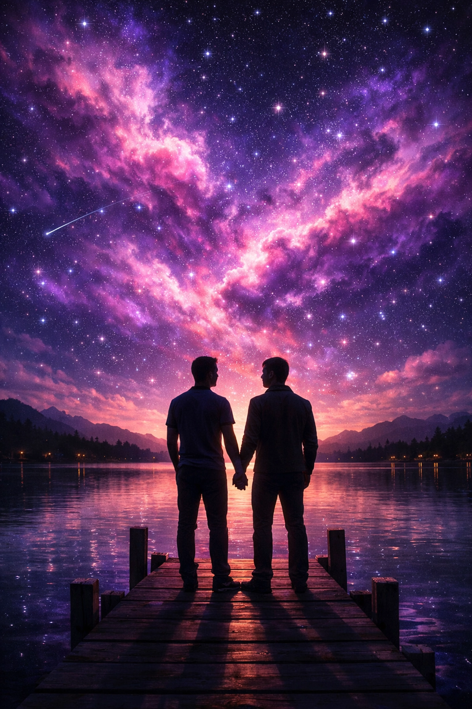 Two men holding hands under a celestial sky, symbolizing queer spirituality in gay romance novels.