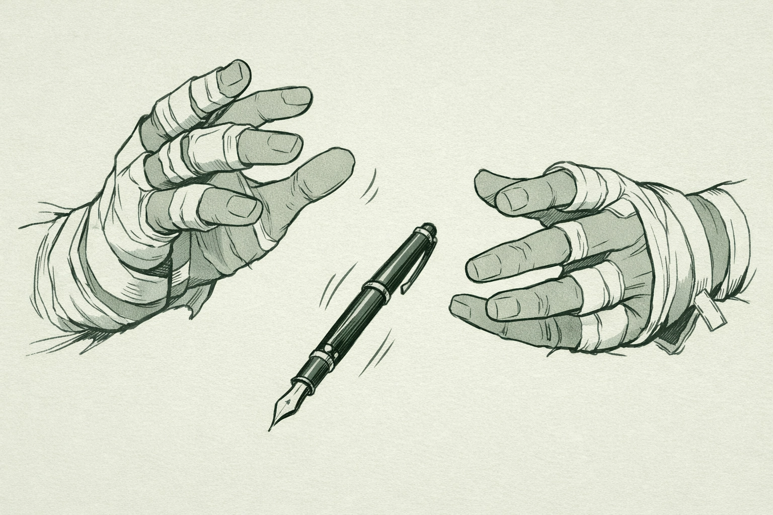 Ghostwriter's broken hands unable to hold pen - career loss in MM romance story