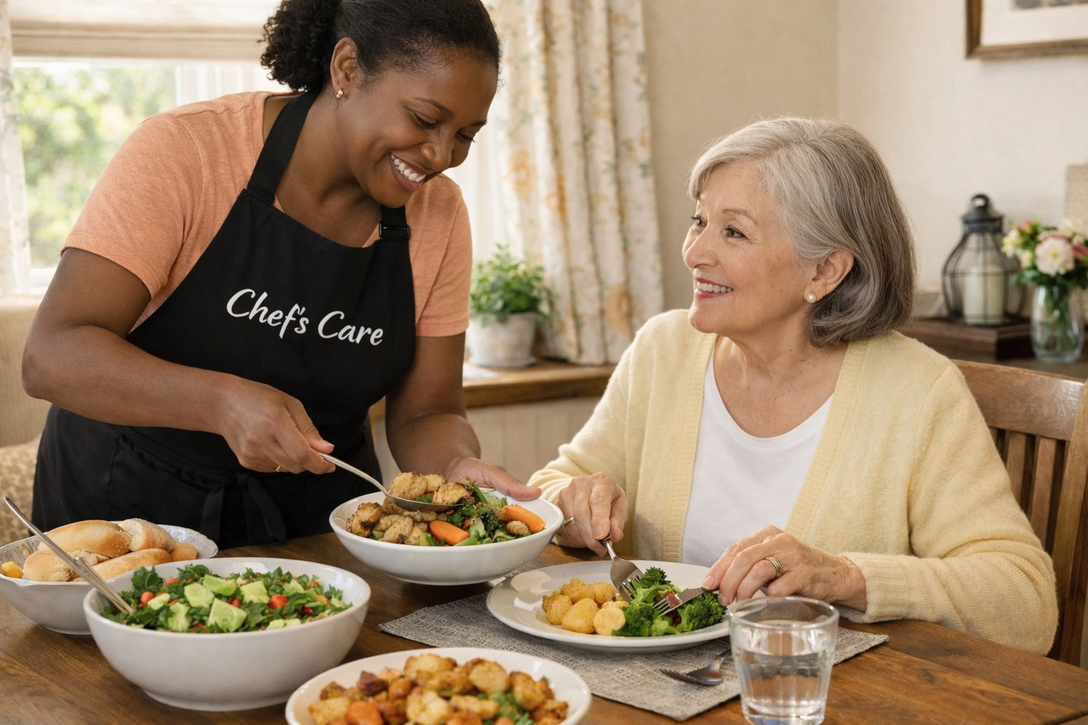 Chef's Care Culinary Associate preparing fresh, nutrient-dense meals for a Client aging at home.
