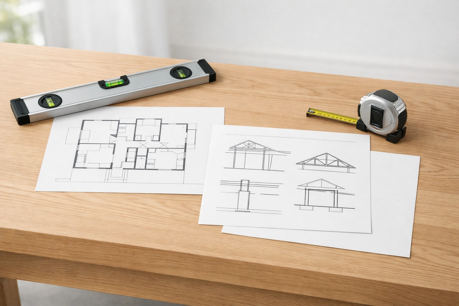 Architectural floor plans and professional tools on a workbench for a home renovation project in Epping.