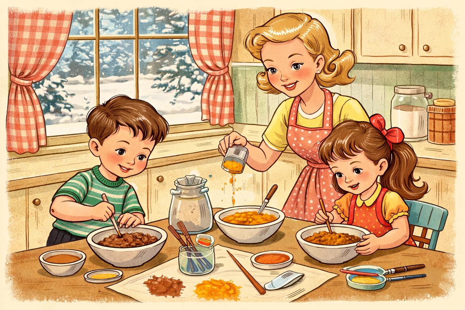 A cozy family kitchen scene showing kids excitedly preparing spice paints for snow day crafts indoors.
