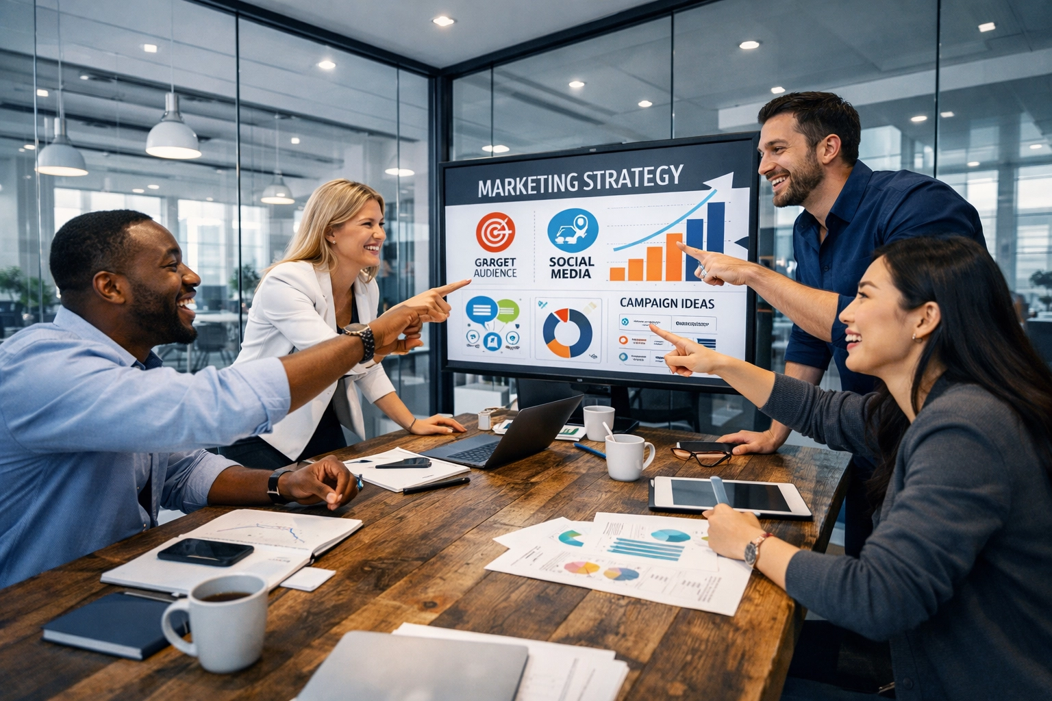 Experts at a content marketing agency brainstorming digital marketing services for local business growth.