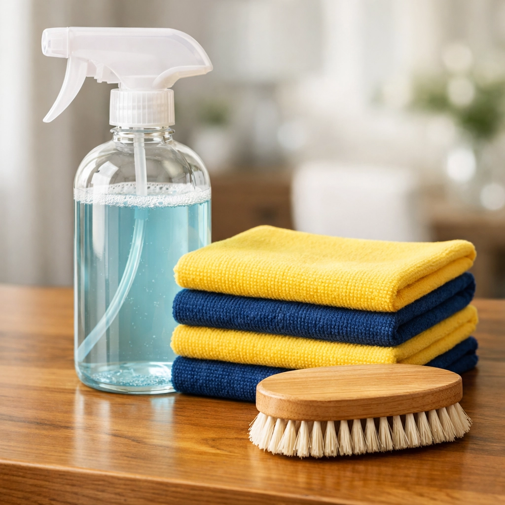 Eco-friendly cleaning supplies and microfiber cloths used for green weekly house cleaning in Walpole.