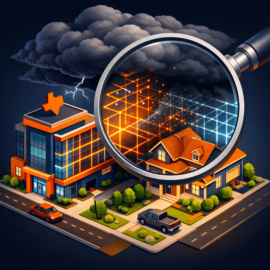 Illustration of climate risk insurance exclusions and property coverage gaps for Texas homes and commercial buildings.