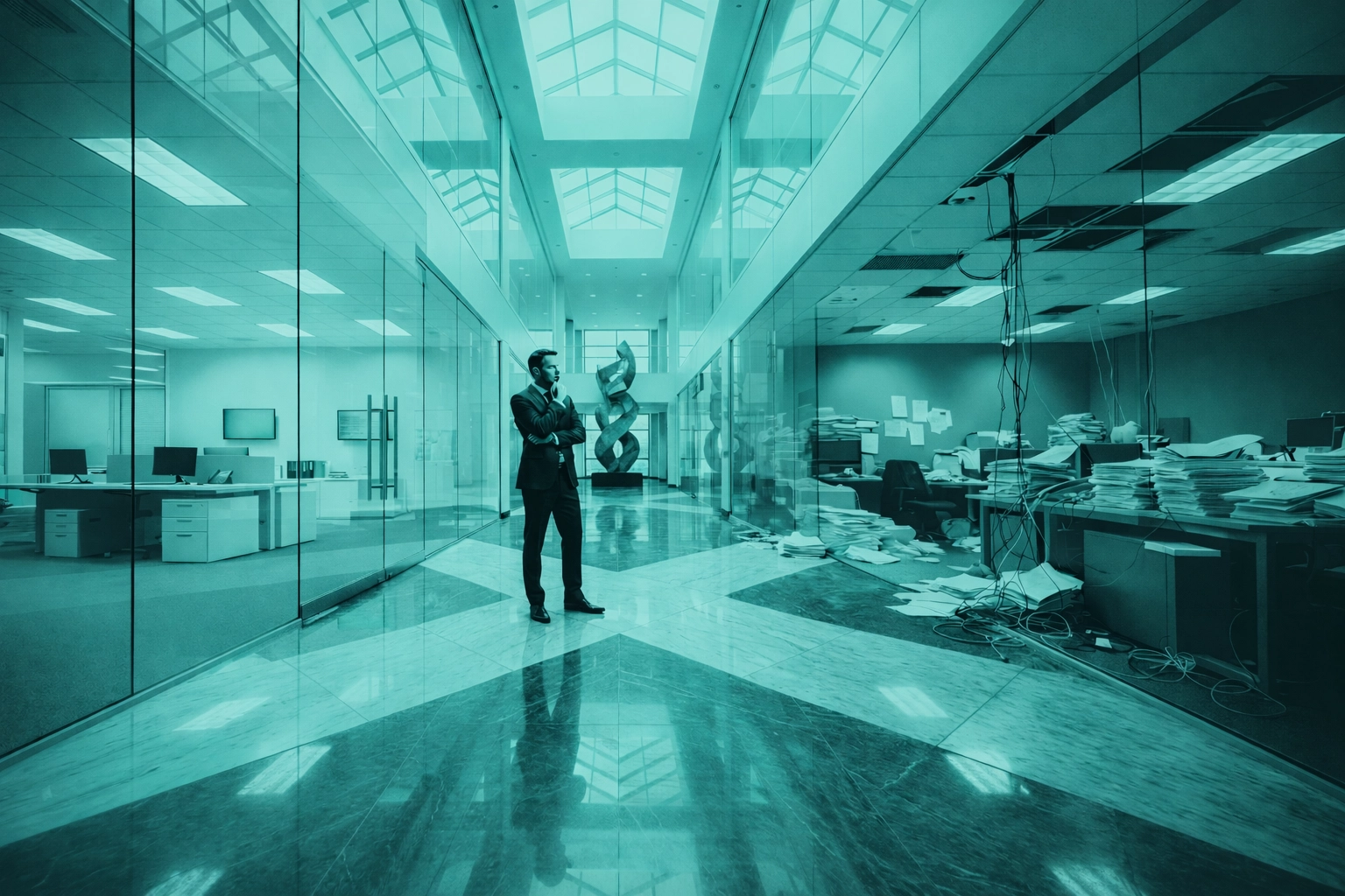 Business executive in modern lobby deciding between order and chaos, representing change management strategy.