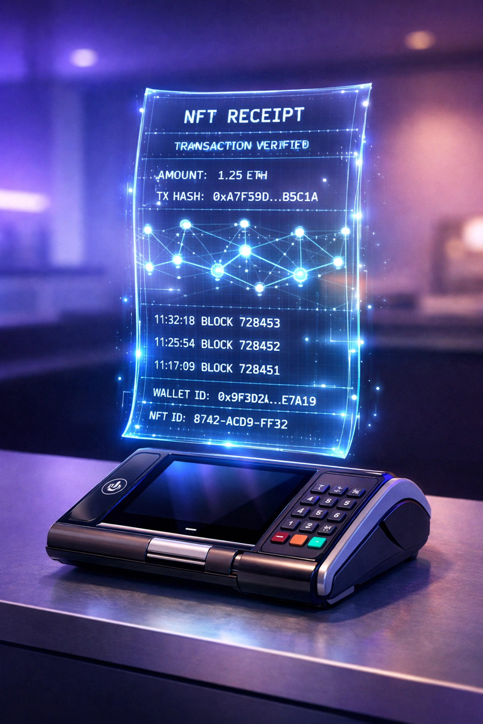 Larecoin POS terminal with holographic NFT receipt showing blockchain transaction data