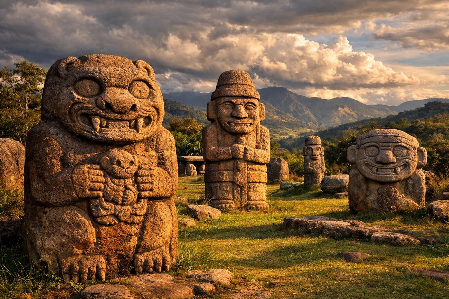 Ancient stone statues at San Agustín Archaeological Park UNESCO World Heritage Site in Colombia