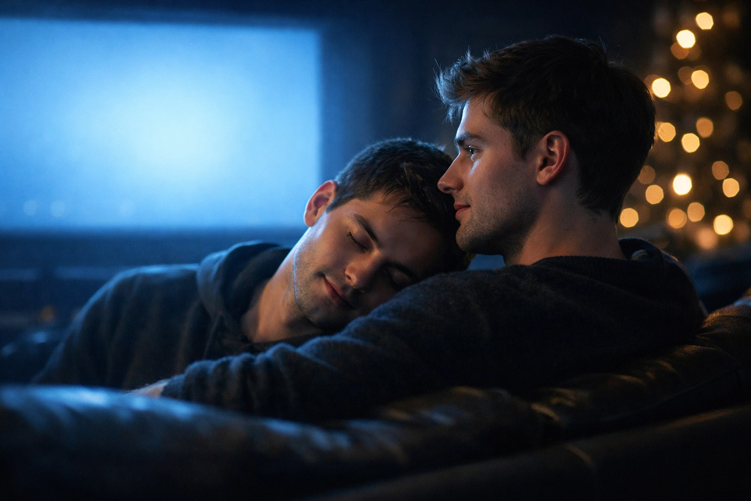 Two men watching queer cinema together in intimate home theater setting