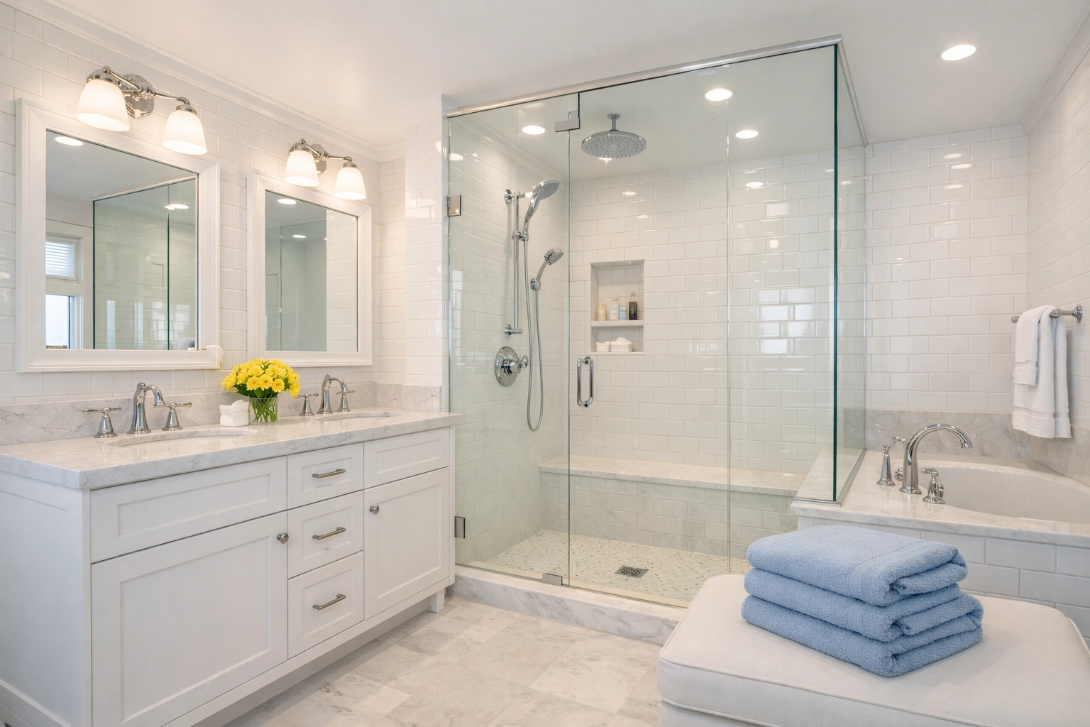 A sparkling clean luxury bathroom after expert post construction cleaning in Boxborough.