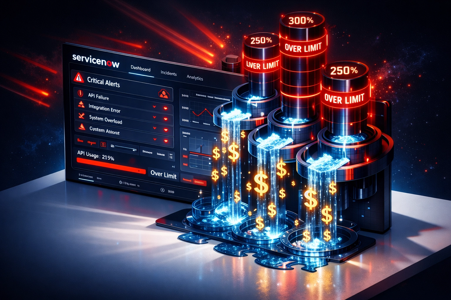 ServiceNow dashboard showing API consumption overruns and hidden integration costs