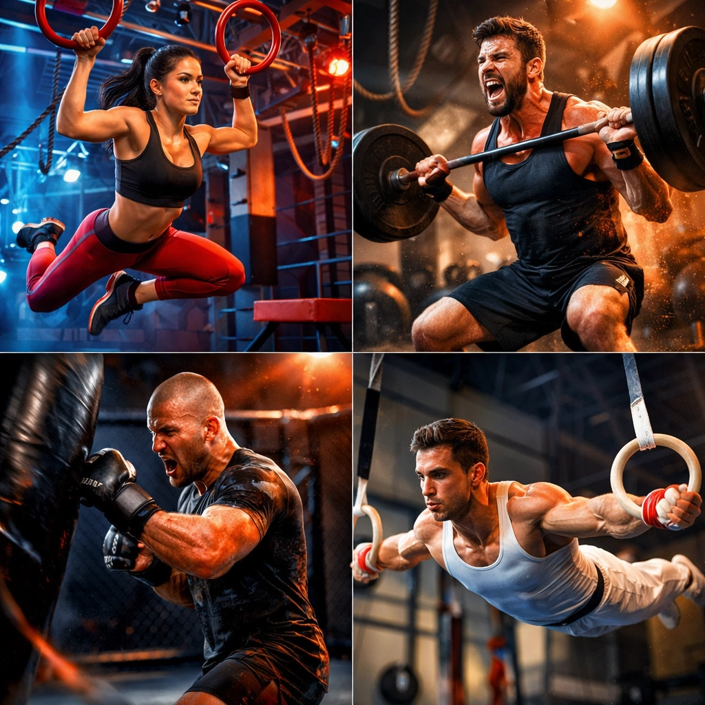 Multiple athletes training: ninja warrior, CrossFit, MMA fighter, and gymnast in home gyms