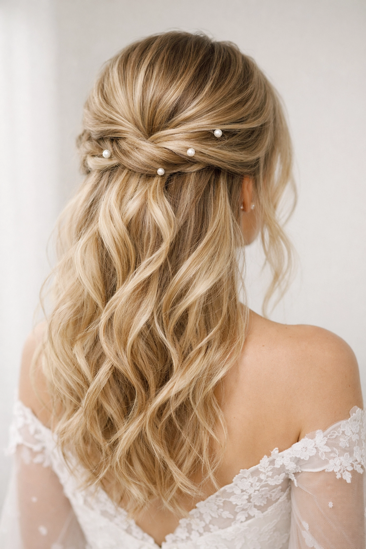 Sophisticated bridal half-up hairstyle with romantic waves for a Concord NH wedding.