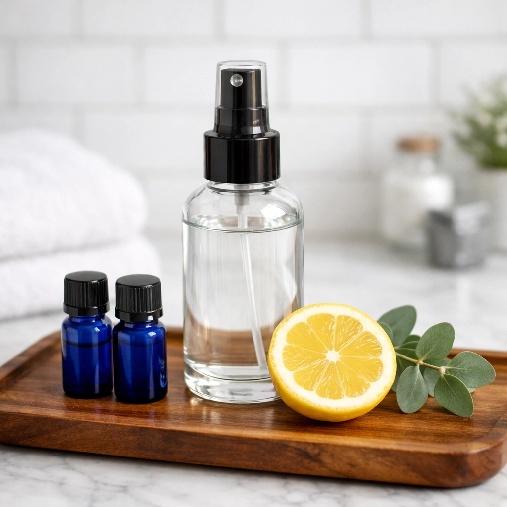 Natural essential oils and spray bottle used for non-toxic house cleaning Cambridge MA.