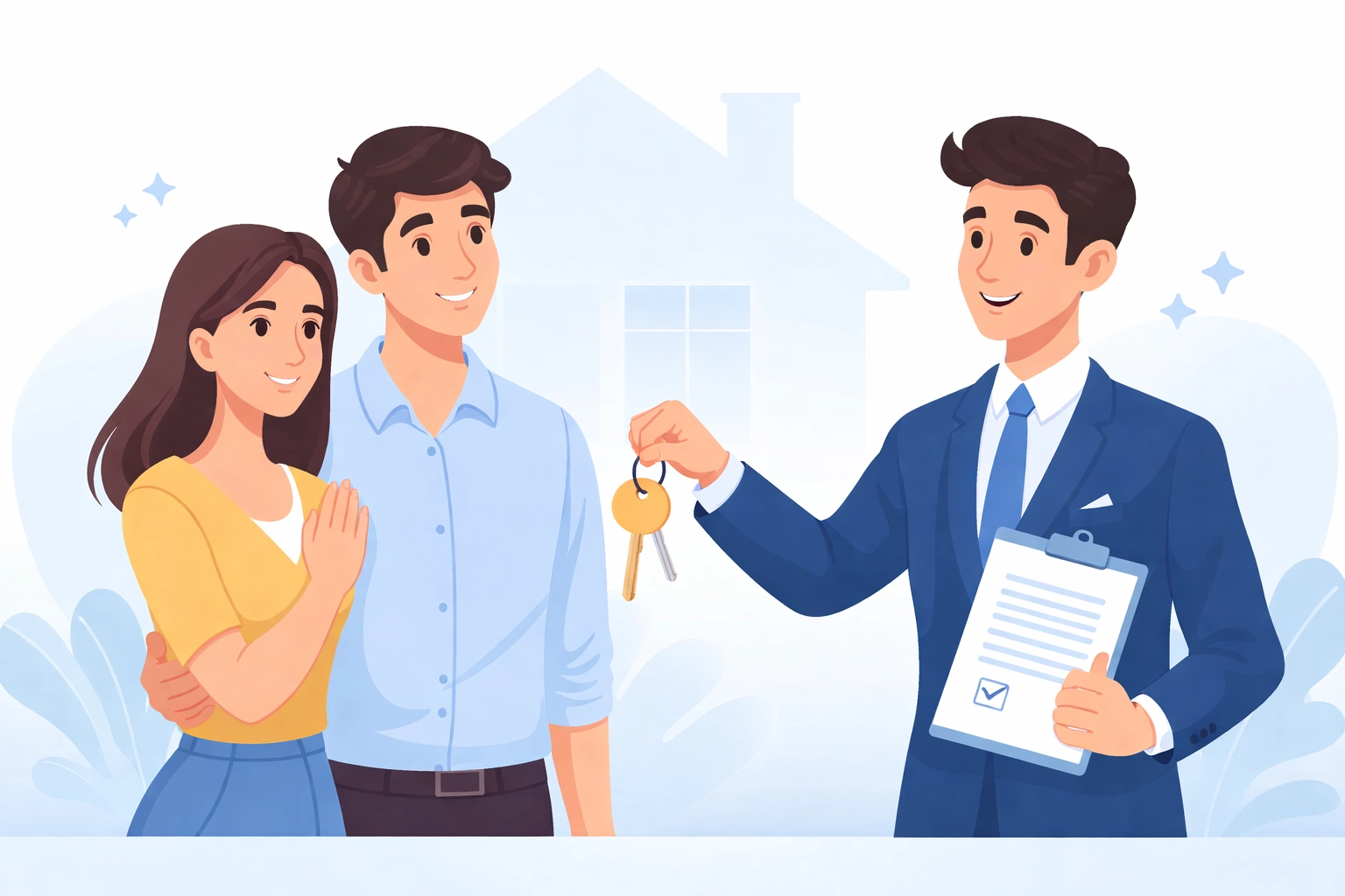 Happy couple receiving house keys and paperwork from a professional after resolving non-compliant insulation.