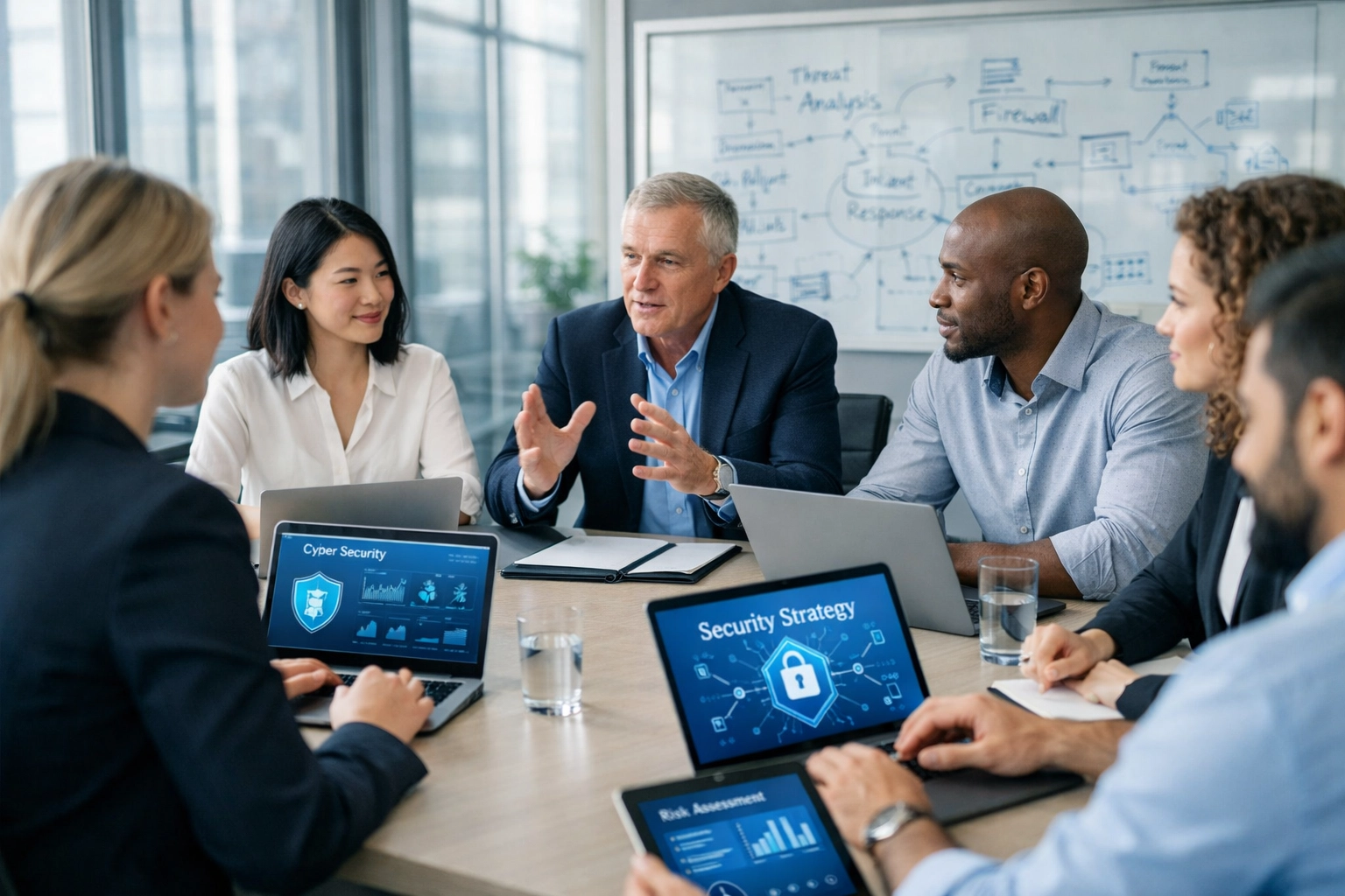 Business team collaborating on proactive ransomware defense and AI security strategy