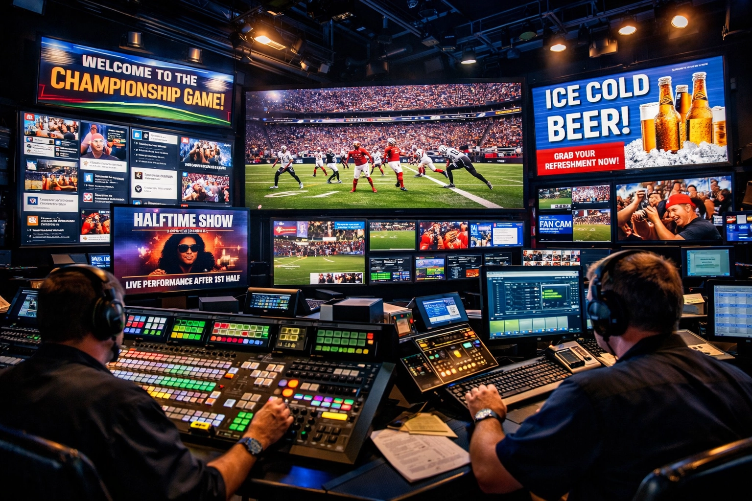 Sports stadium control room managing digital signage and multi-channel content coordination