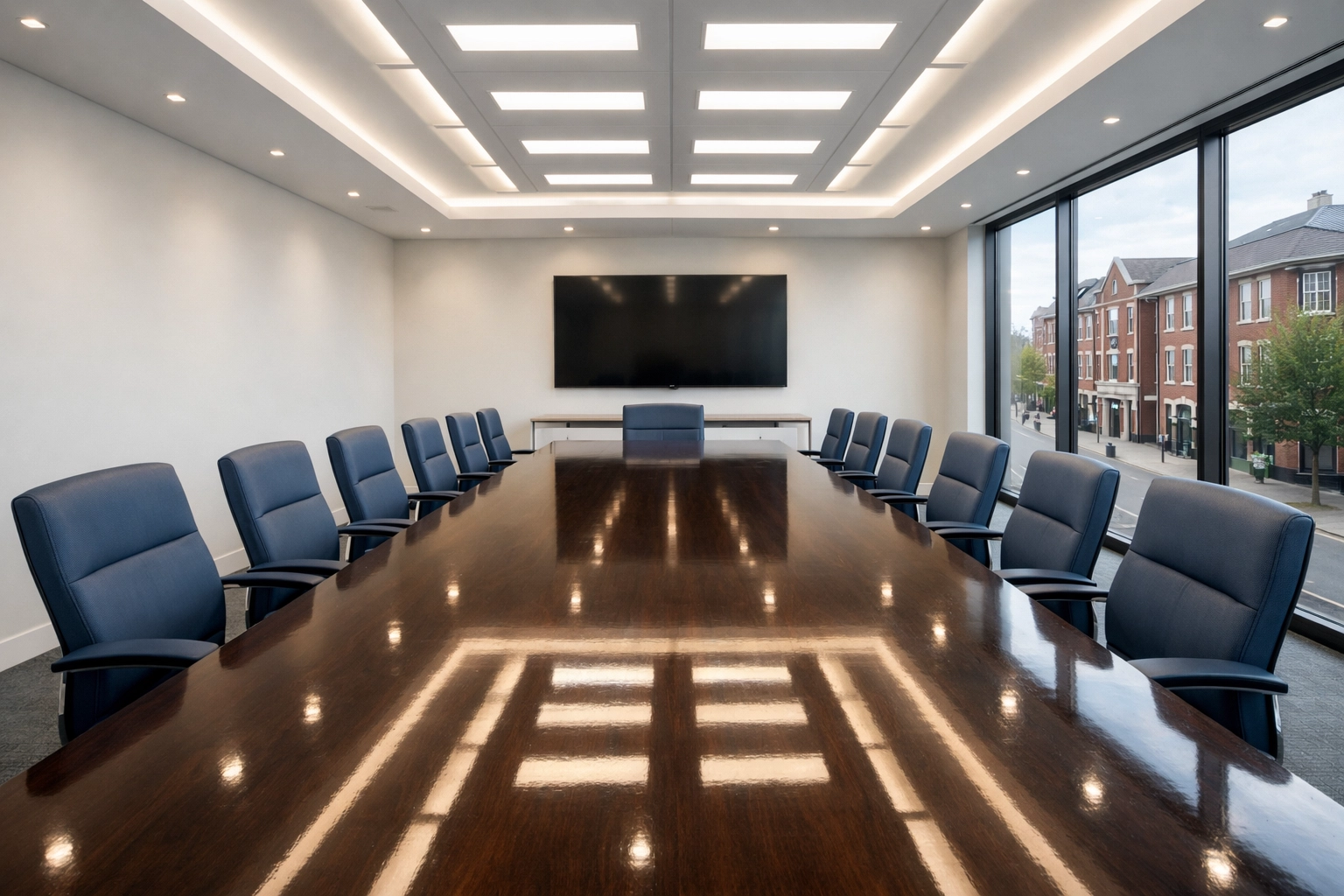 A perfectly sanitized corporate conference room in Reading, MA ready for productive business meetings.
