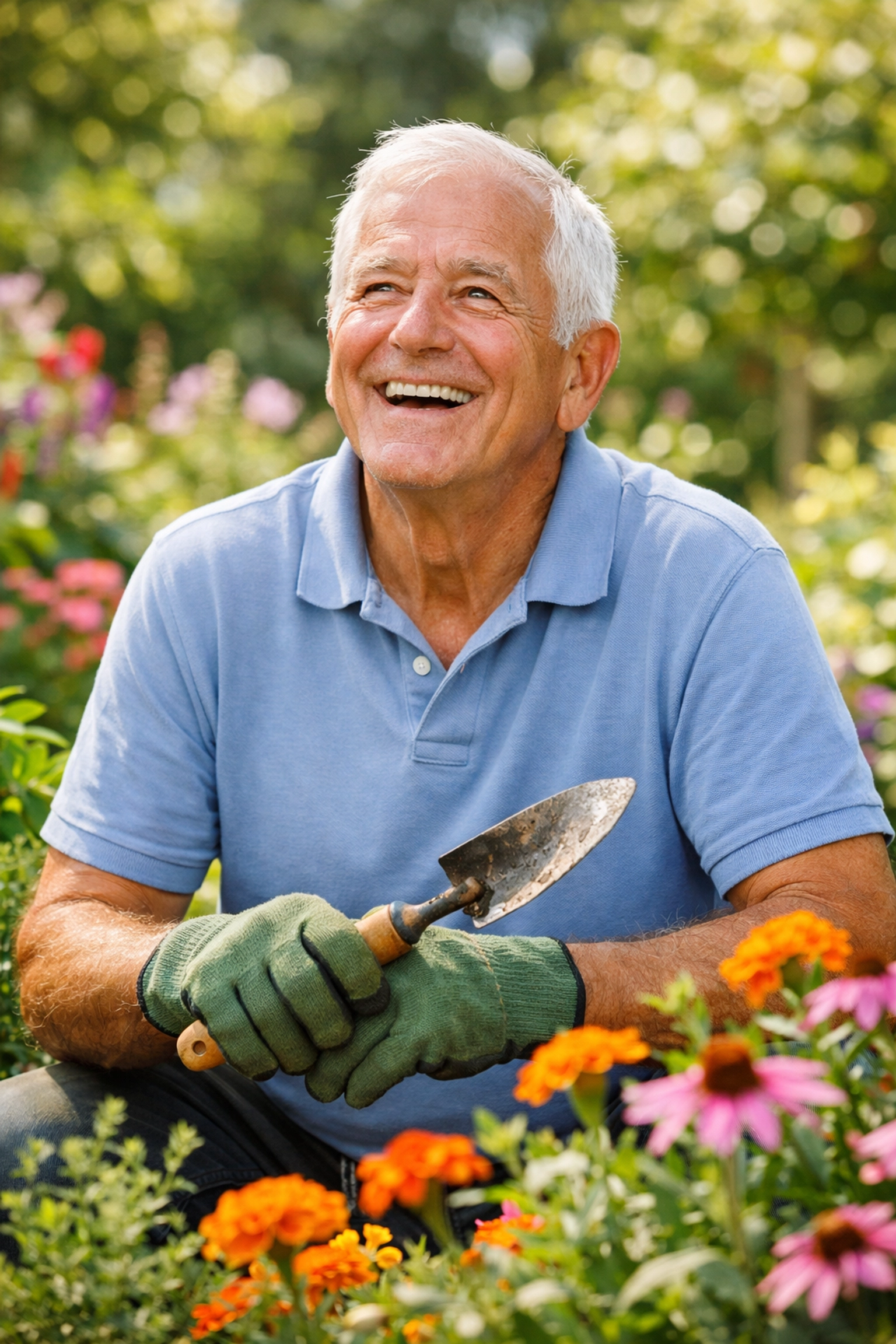 Smiling senior man gardening, highlighting burial insurance options that don't require a medical exam. Smiling senior man gardening, highlighting burial insurance options that don't require a medical exam.