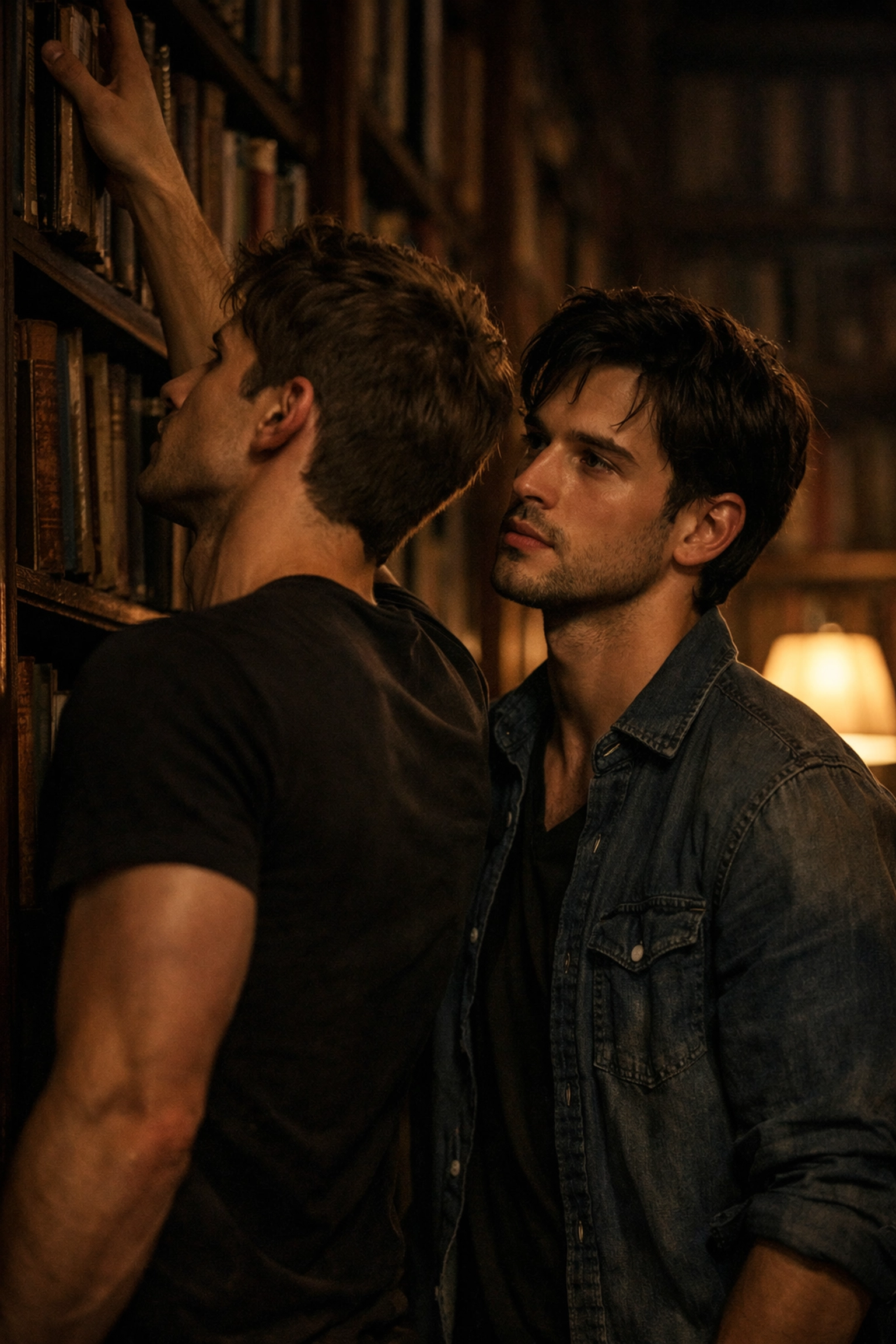 Two men in a library aisle capturing the pining and tension of a slow burn MM romance novel.