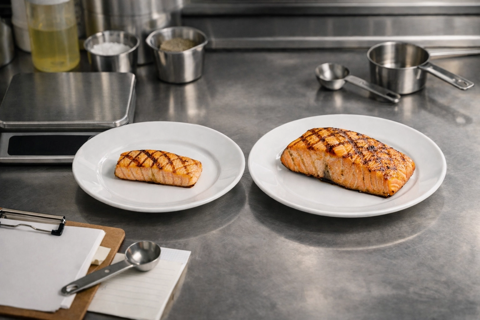 Restaurant kitchen portion control comparison showing measured vs oversized salmon portions