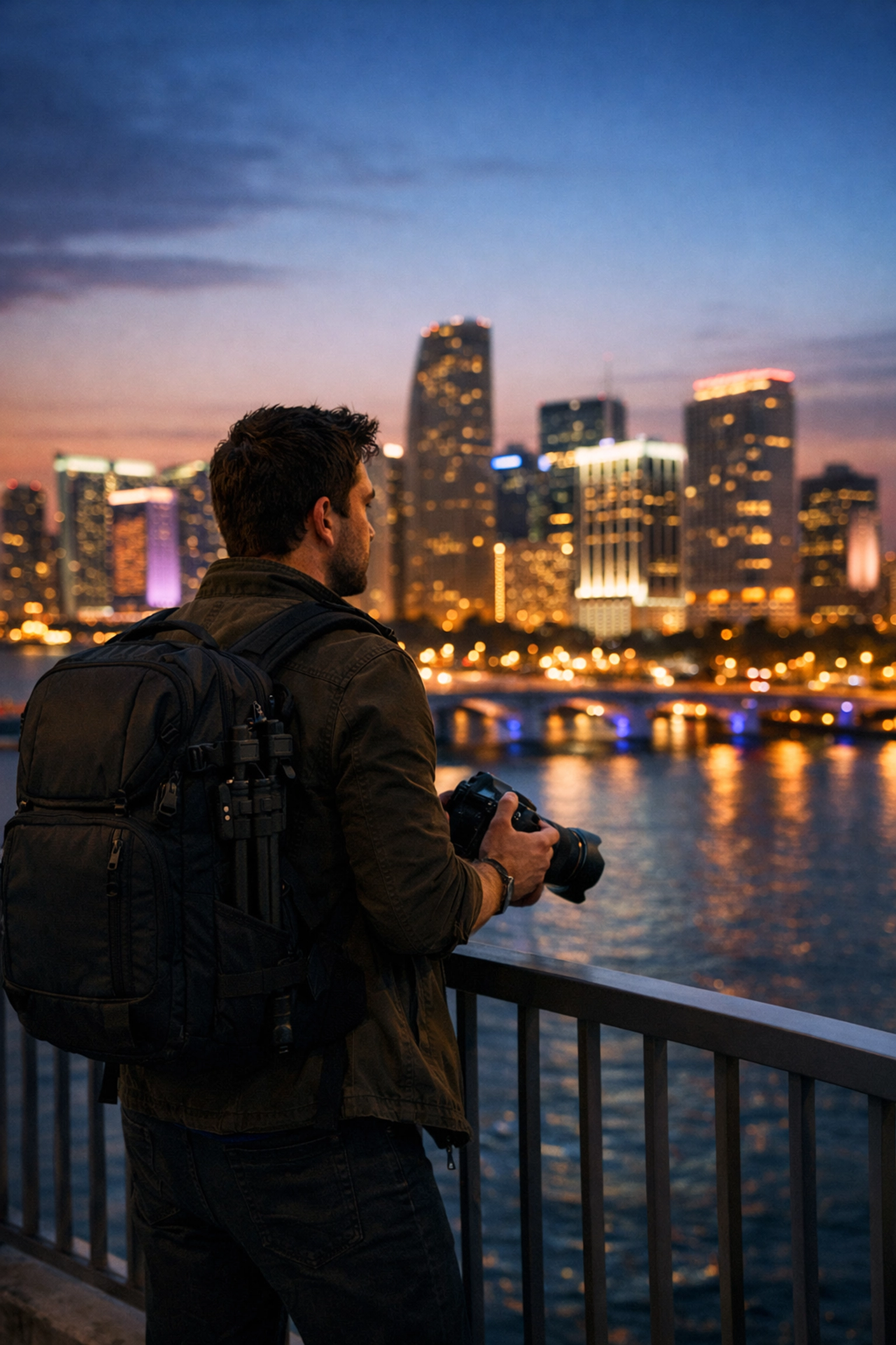 A traveling photographer viewing the Miami skyline at dusk while preparing for a local photography assignment.