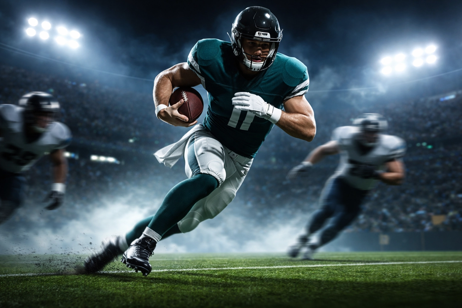 Dual-threat quarterback evading defenders on a rushing play under stadium lights