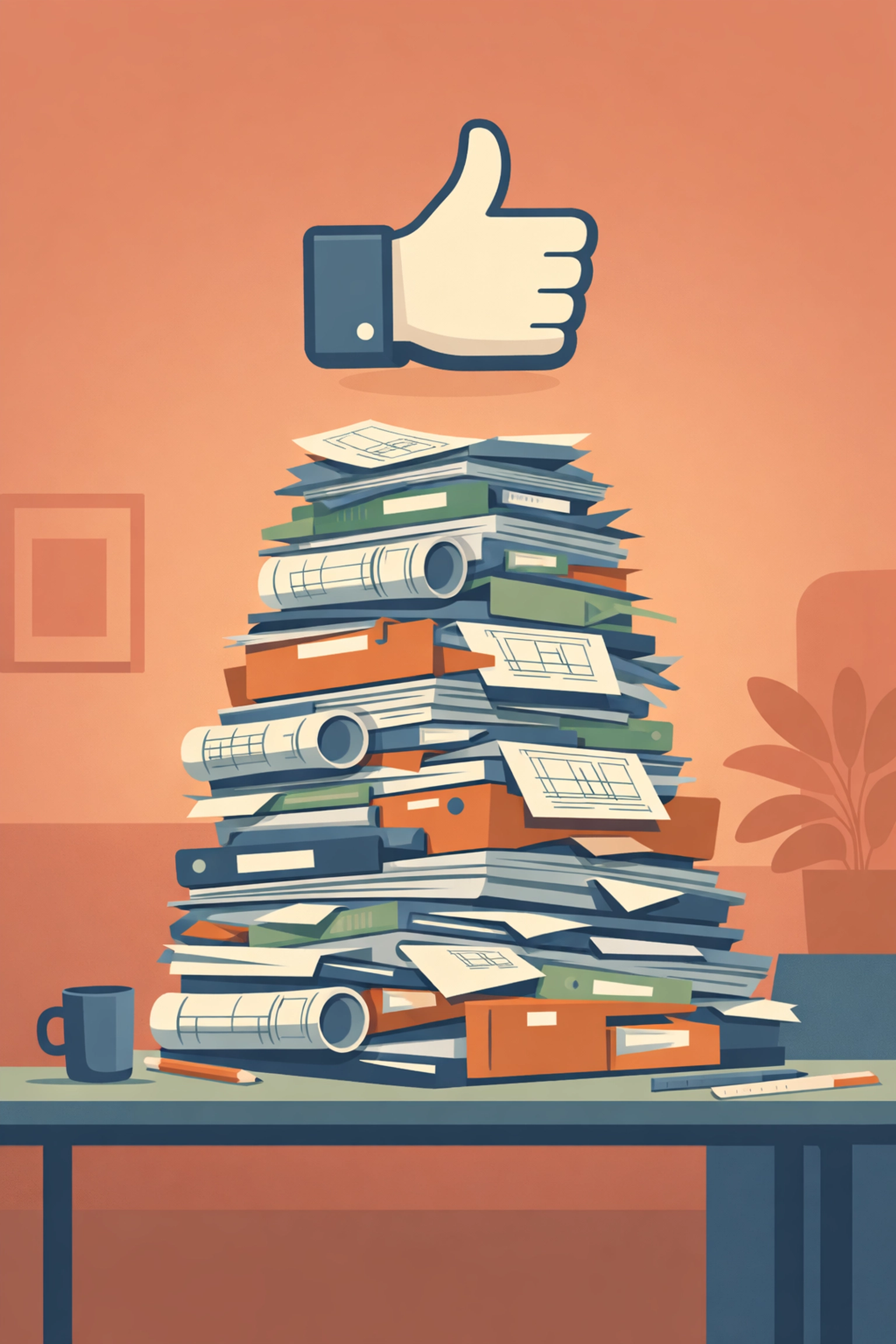 A thumbs-up emoji floating over a stack of business documents, illustrating workplace accountability gaps.