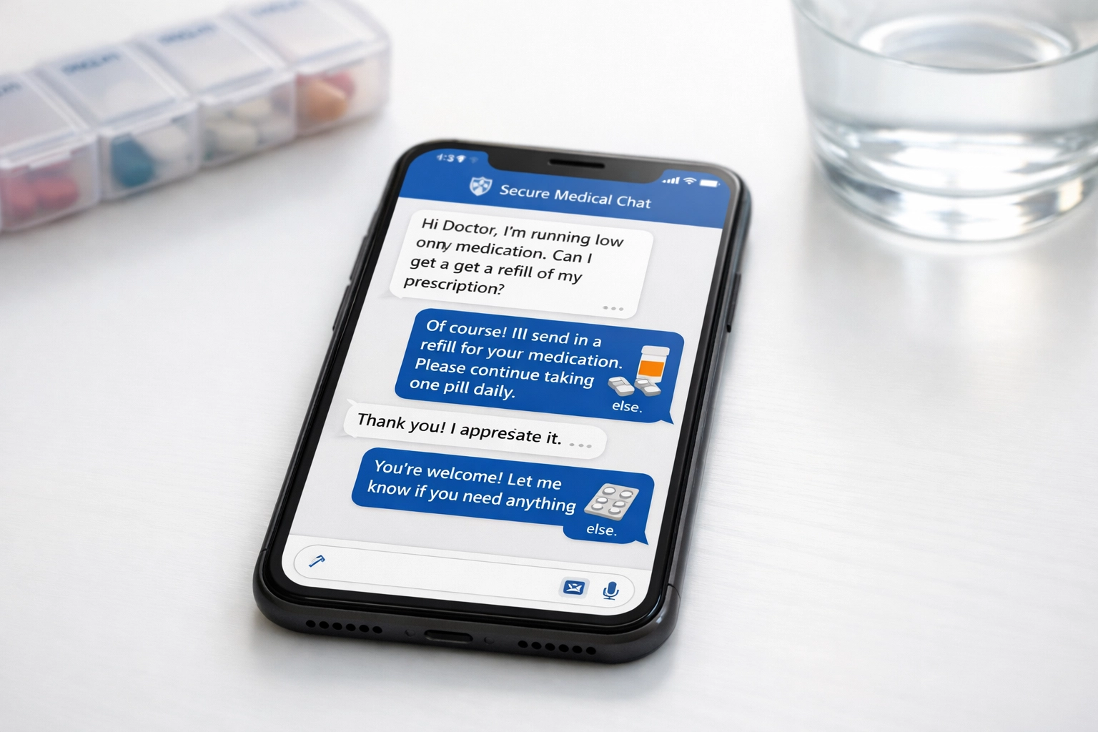 Smartphone displaying secure medical messaging for online prescription refills with medications nearby