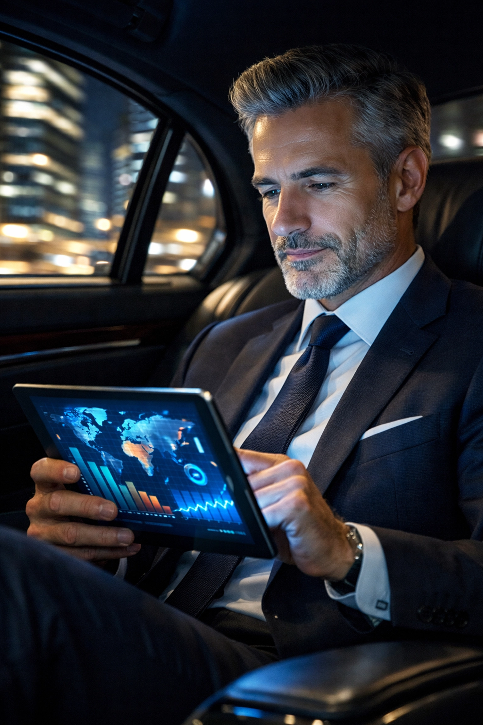 An executive using AI travel management tools on a tablet while traveling in a luxury chauffeured vehicle.