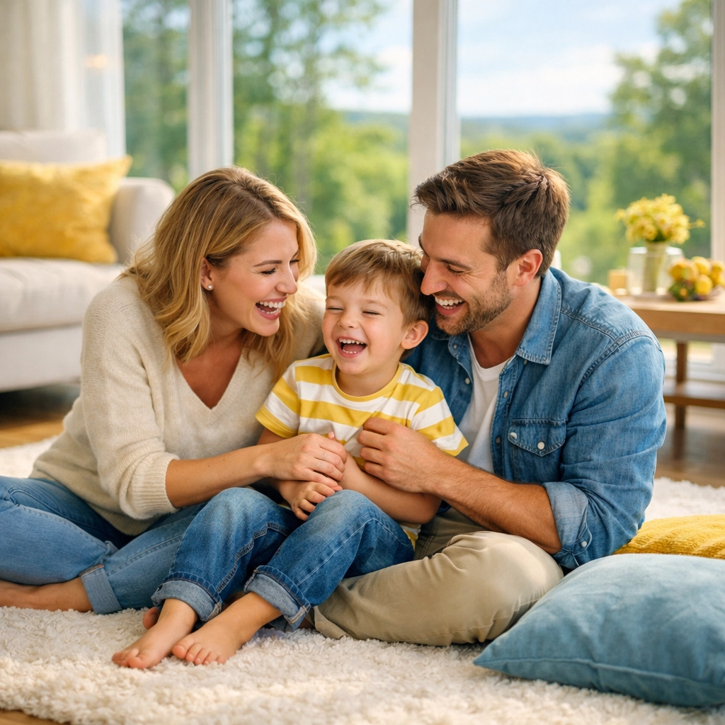 Family enjoying a clean, stress-free living room thanks to professional house cleaning Dunstable MA.