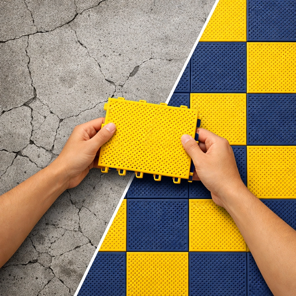 Retrofitting a cracked concrete surface with vibrant, easy-to-install interlocking sports tiles for a court upgrade.