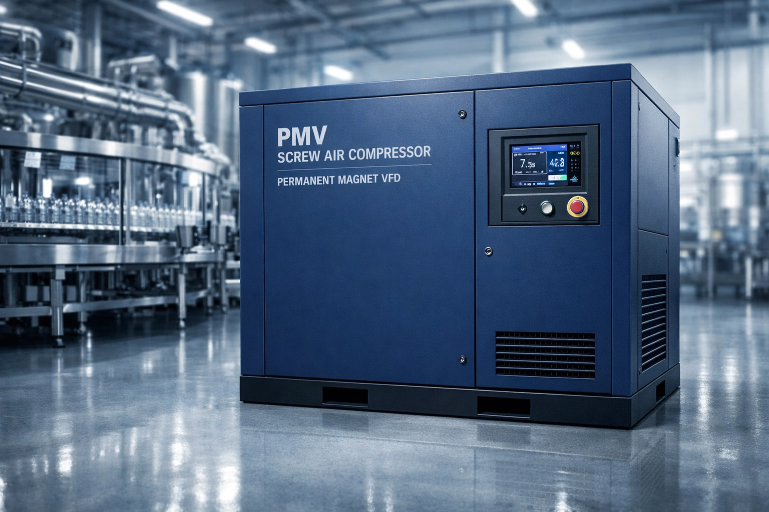 PMV screw air compressor installed in a clean-room food processing plant to ensure oil-free air.