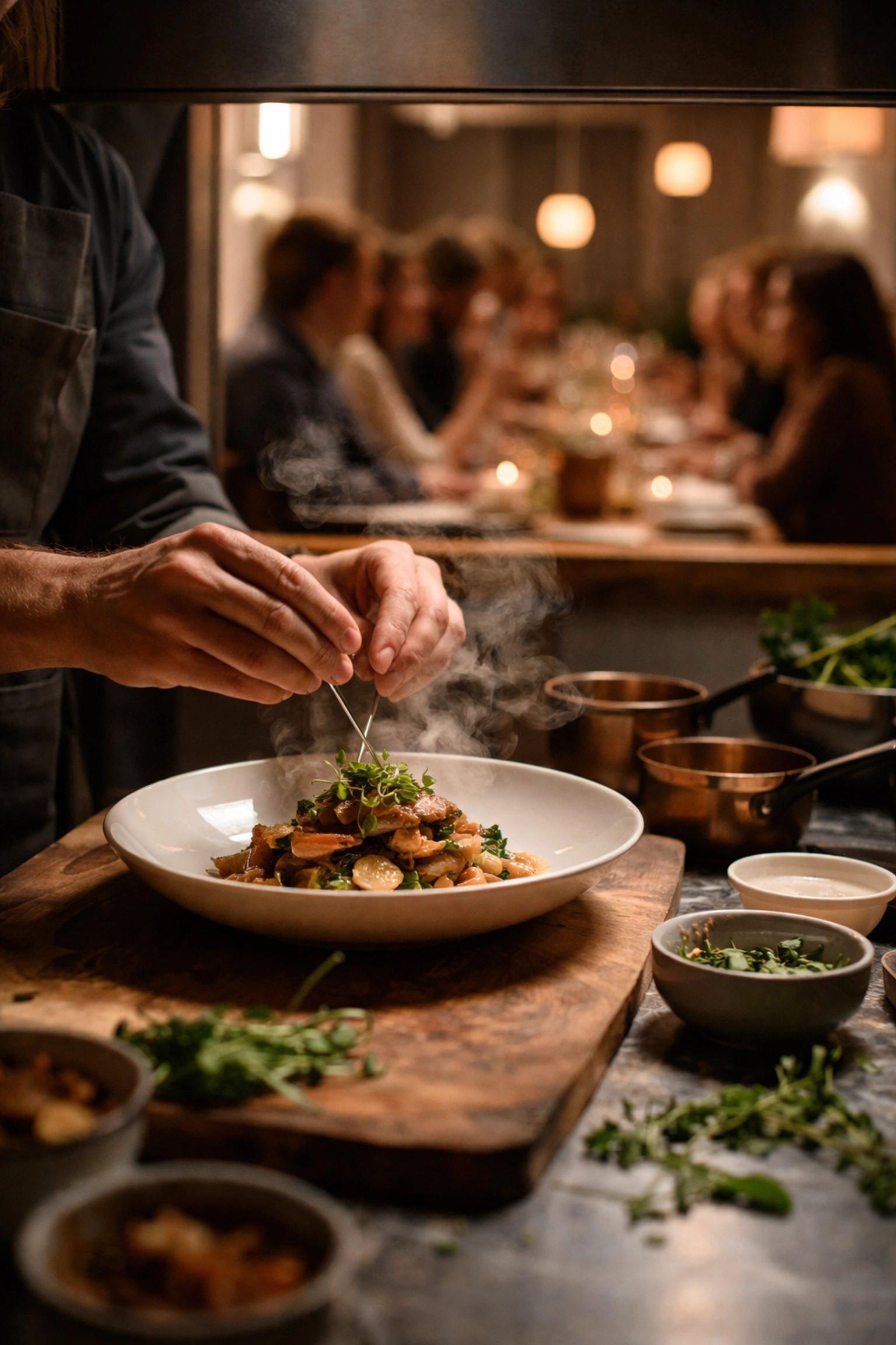 Chef preparing an elegant dish for an exclusive supper club dining experience