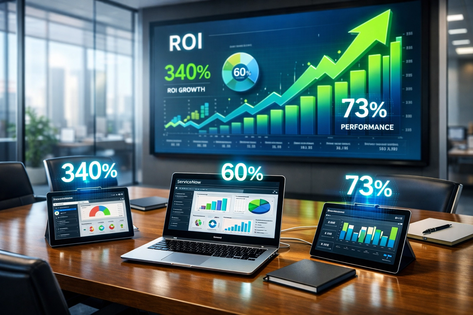 ServiceNow ROI dashboard showing 340% return on investment from ITOM automation