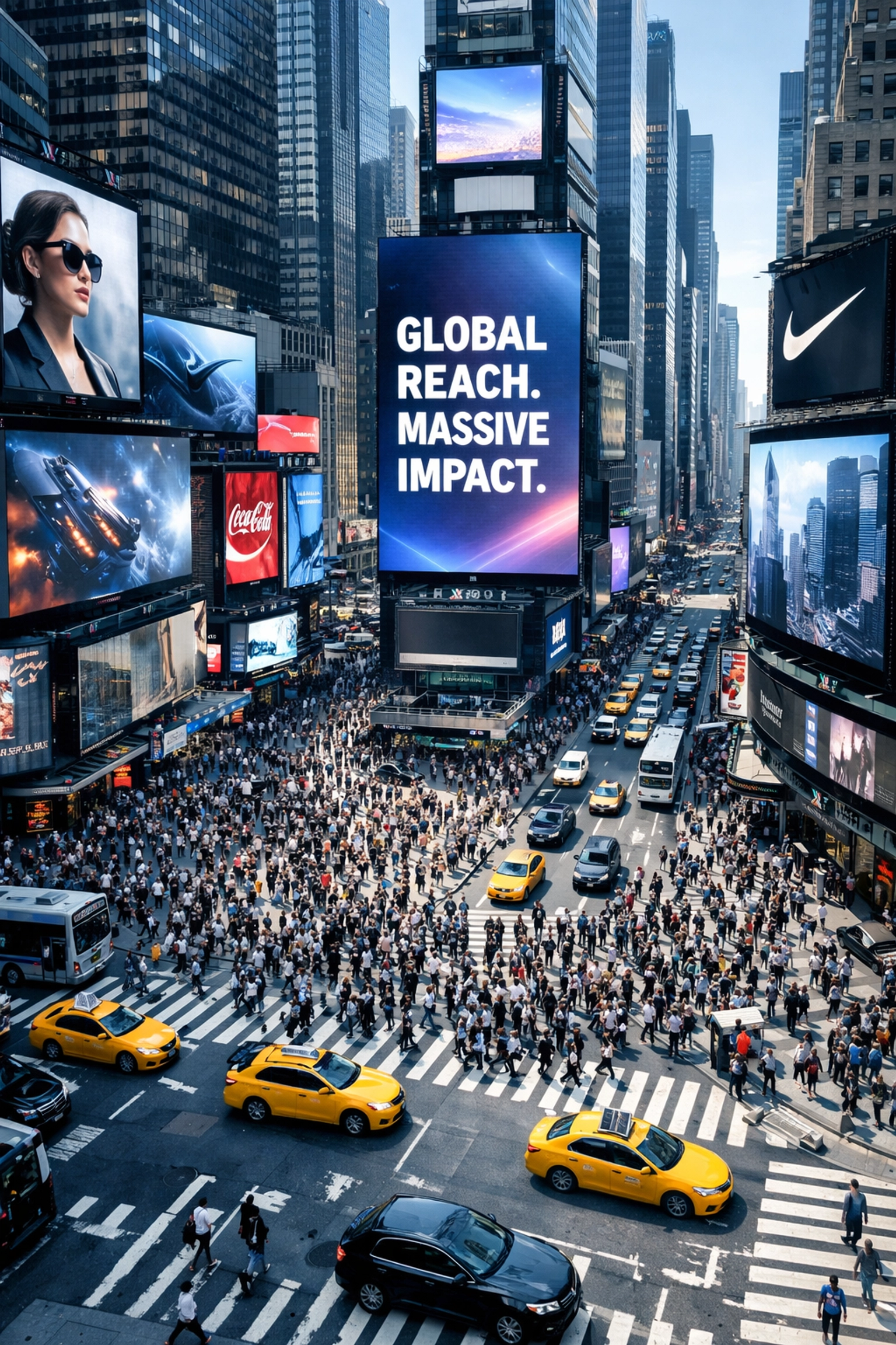 Large-scale digital billboards at a busy New York City intersection showing global DOOH reach.