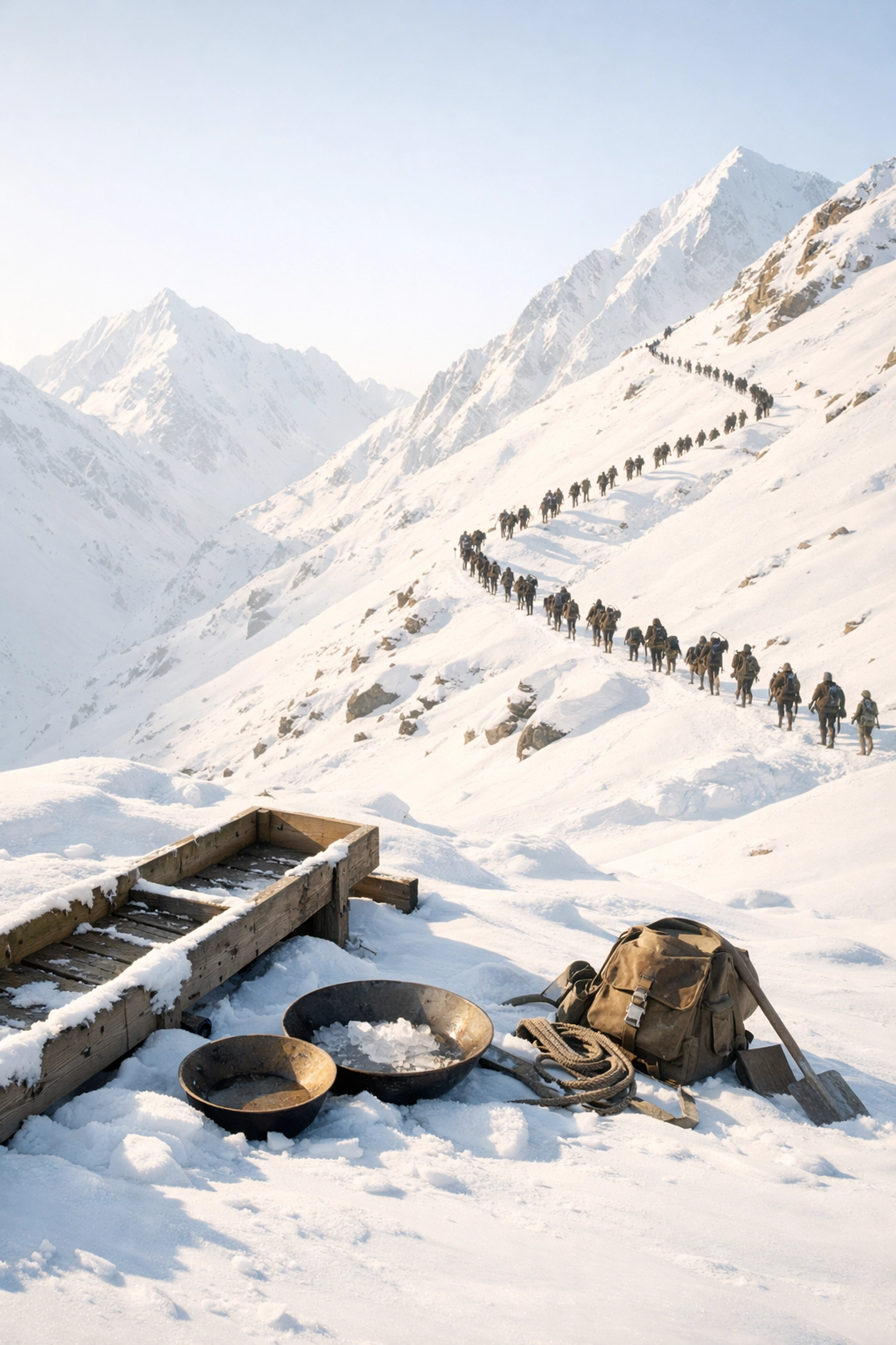 Klondike Gold Rush prospectors climbing snowy Alaska mountain trails during the 1896 gold rush