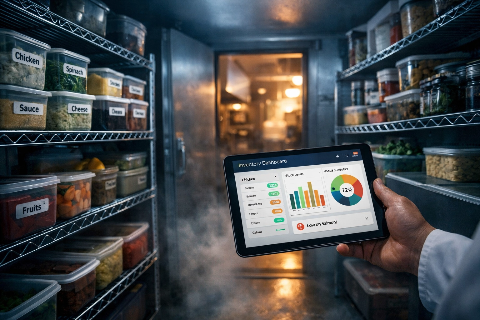 Chef using tablet for real-time inventory management in restaurant walk-in cooler