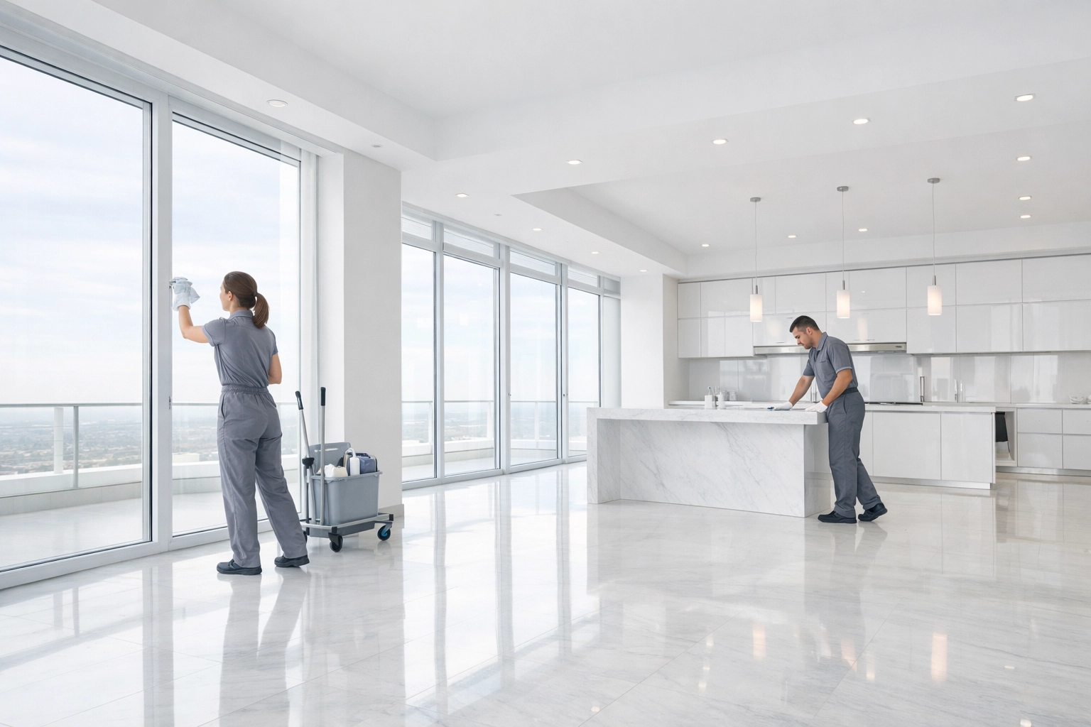 A professional cleaning team preparing a luxury penthouse for a new tenant turnover.