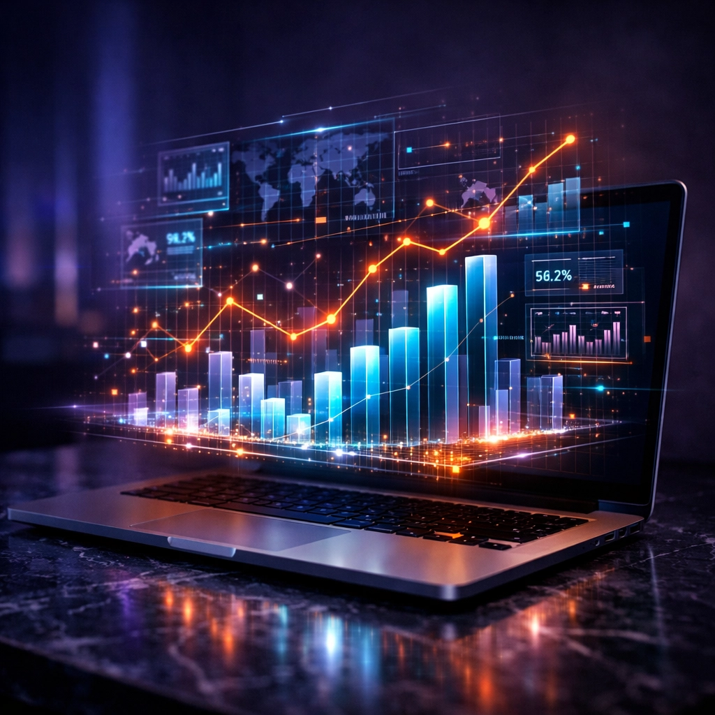 Modern laptop displaying holographic AI marketing analytics and data trend charts for digital strategy.