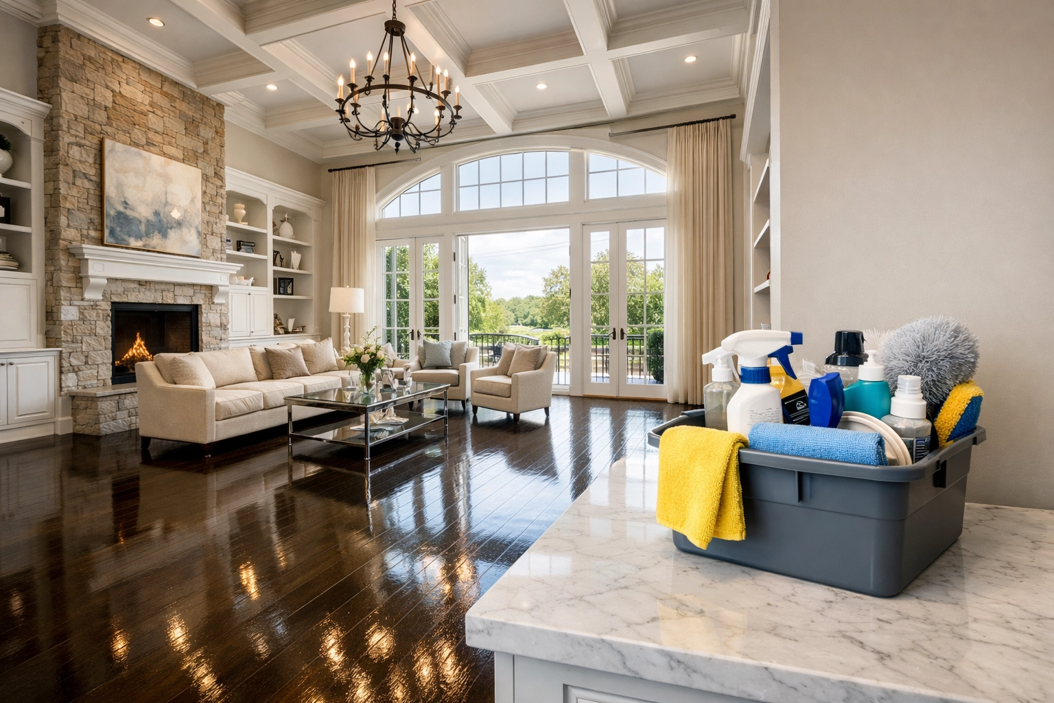 Pristine Carlisle living room with polished hardwood floors and professional cleaning supplies.