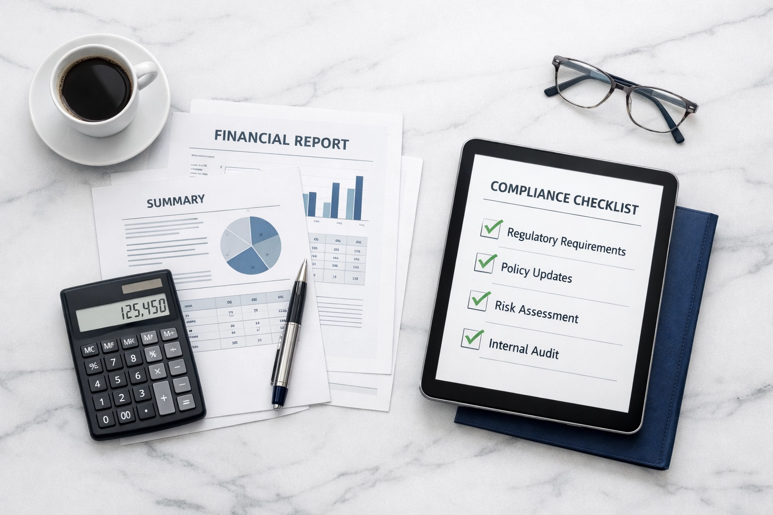 WISP compliance documentation with financial records and calculator for bookkeeping cleanup services-WISP Compliance for Small Businesses